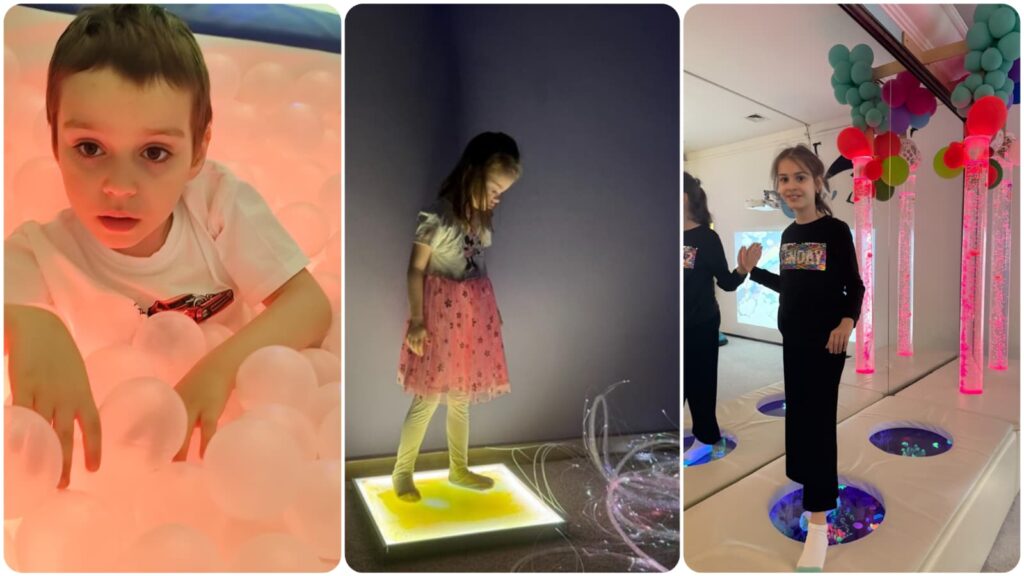 Collage of three photos: on the left, a little boy is sitting in a pool with glowing balls; in the center, a little girl is sitting on a yellow platform that lights up; and on the right, another little girl is playing in a sensory room with pink light columns and mirrors.