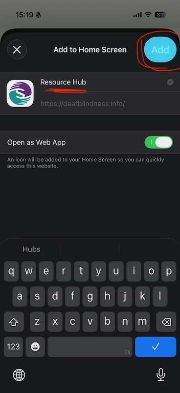 विकल्पों की सूची में नीचे स्क्रॉल करके Add to Home Screen पर टैप करने का तरीका दिखाती हुई इमेज
(विकल्प देखने के लिए More पर टैप करना पड़ सकता है)।

