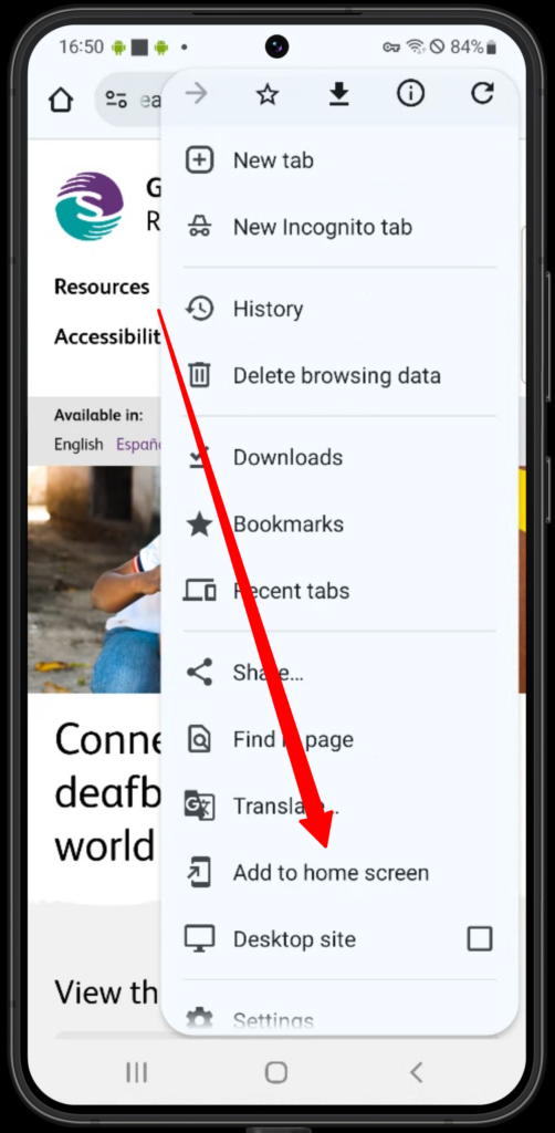 Imagine care vă arată cum să deschideți browserul Chrome și să introduceți adresa site-ului web în https://deafblindness.info/. Selectați apoi (cele trei puncte) pentru a deschide meniul. 