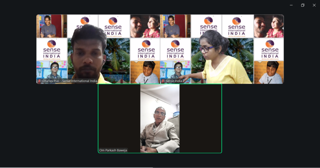 Image showing an online phone call with three people on the screen. On the left is Charles (from Sense International India) on the right is Shruti from Sense International India) and at the bottom in the middle is Om Prakash Baweja.